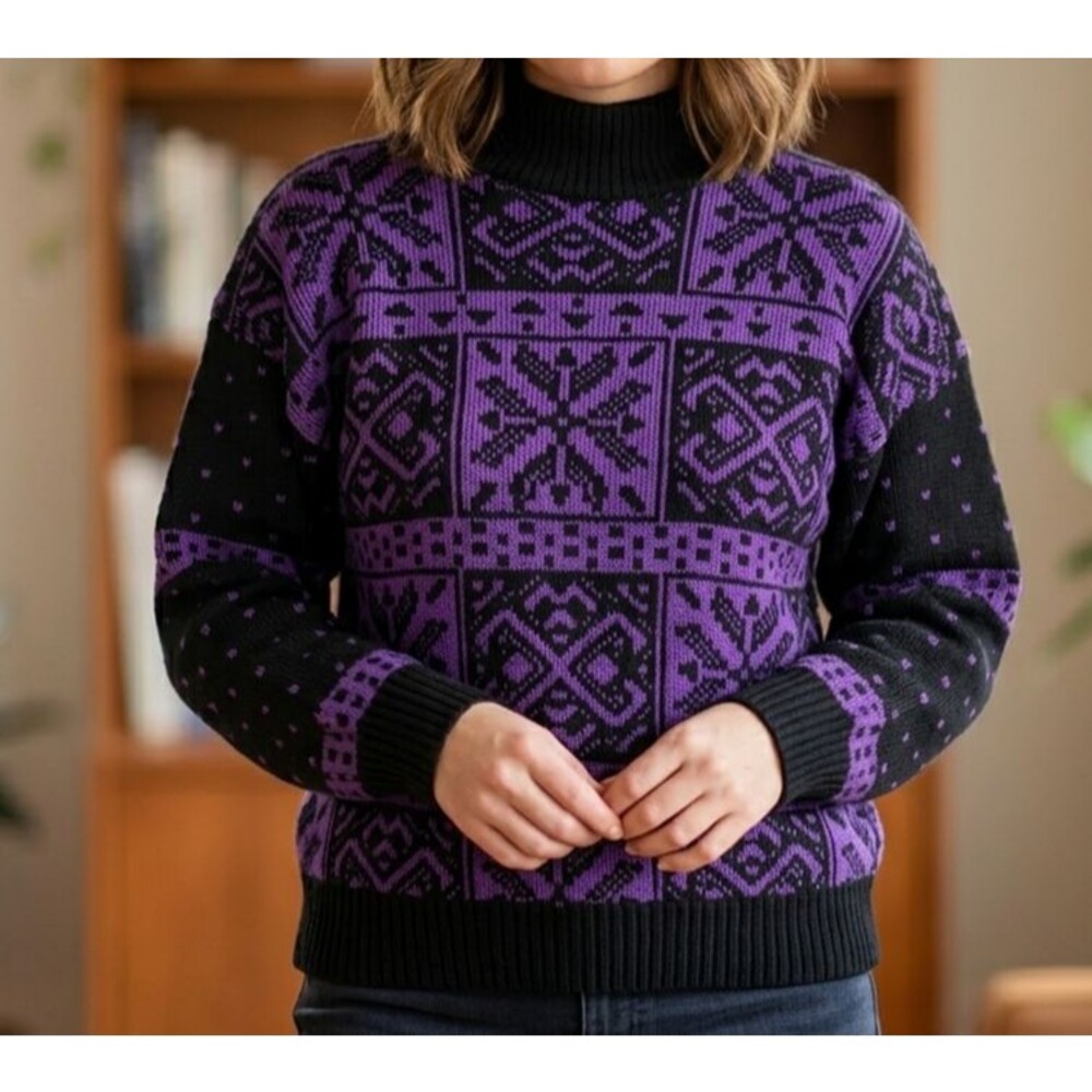 Vtg 80's Meister Women Pullover Sweater Purple Nordic Geometric Mock Neck USA